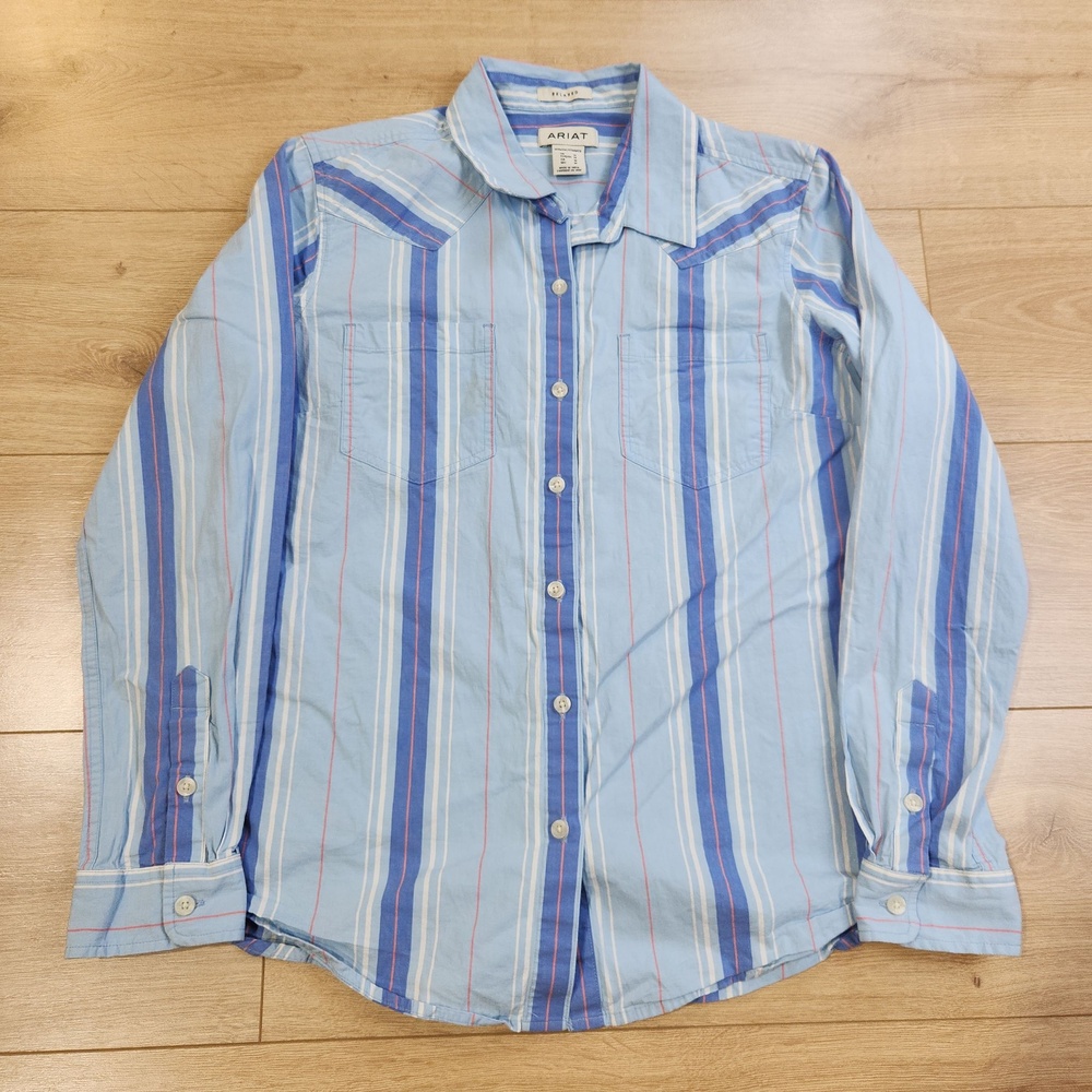 Ariat Billie Jean Shirt Womens Medium Blue Stripe Button Up Long Sleeve Western